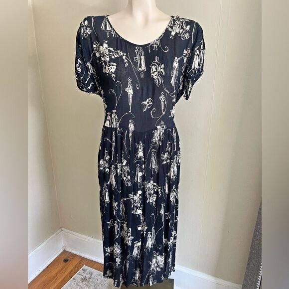 BILA vintage 90s Victorian inspired printed crinkle black button midi maxi dress - Picture 11 of 11